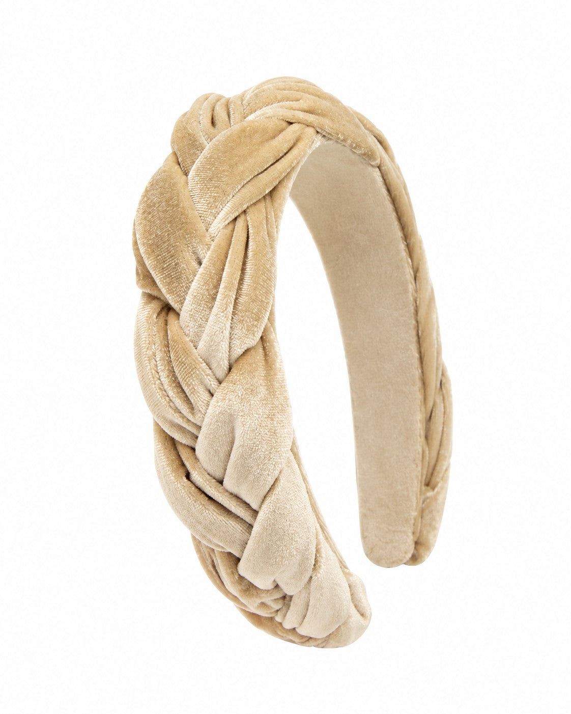 Blair padded headband in braided champagne velvet, laid flat on neutral background