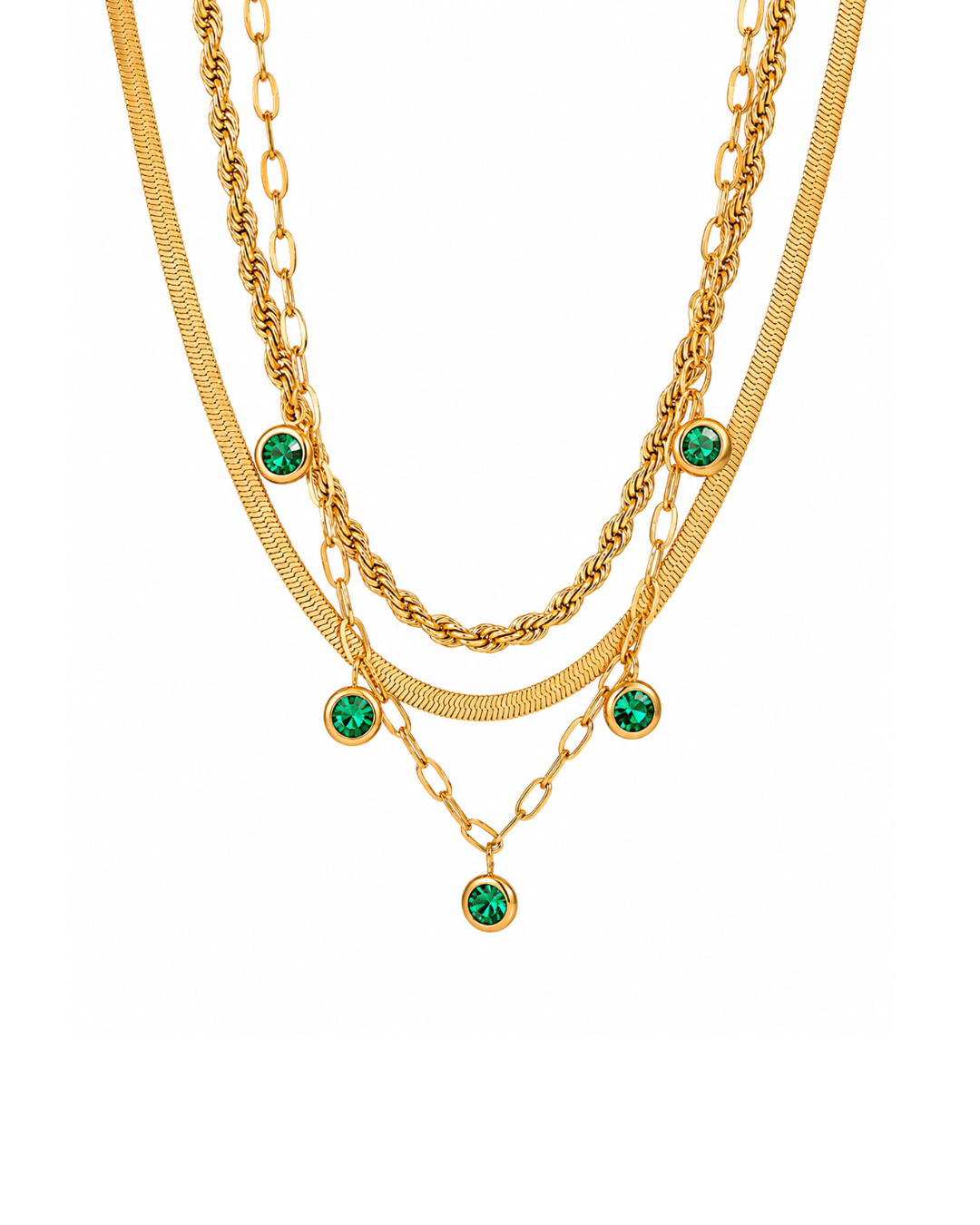 Gold electroplated stainless steel triple layer necklace with emerald green zircon charms by Clarabelle