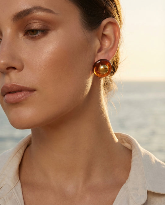 Cannes Amber Stud Earrings by Clarabelle worn by model