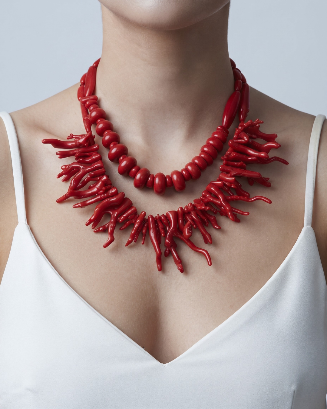 Corallo necklace worn at the base of the throat, coral-inspired resin fringe fanning across the upper chest