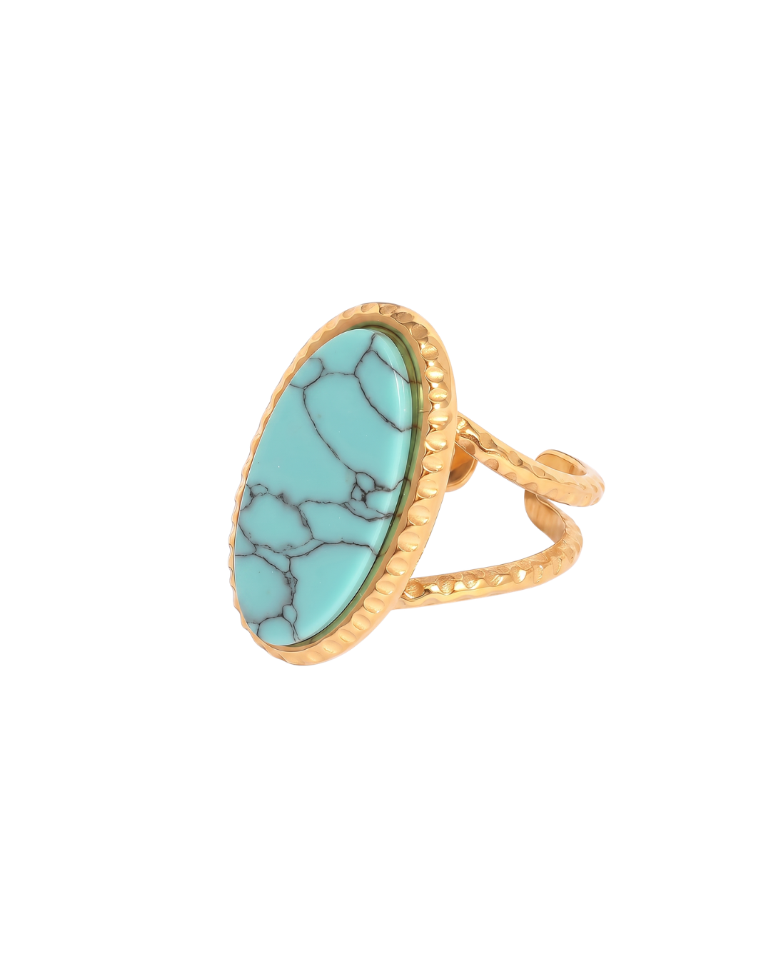 Delos oval turquoise ring by Clarabelle, PVD gold finish with hammered bezel setting