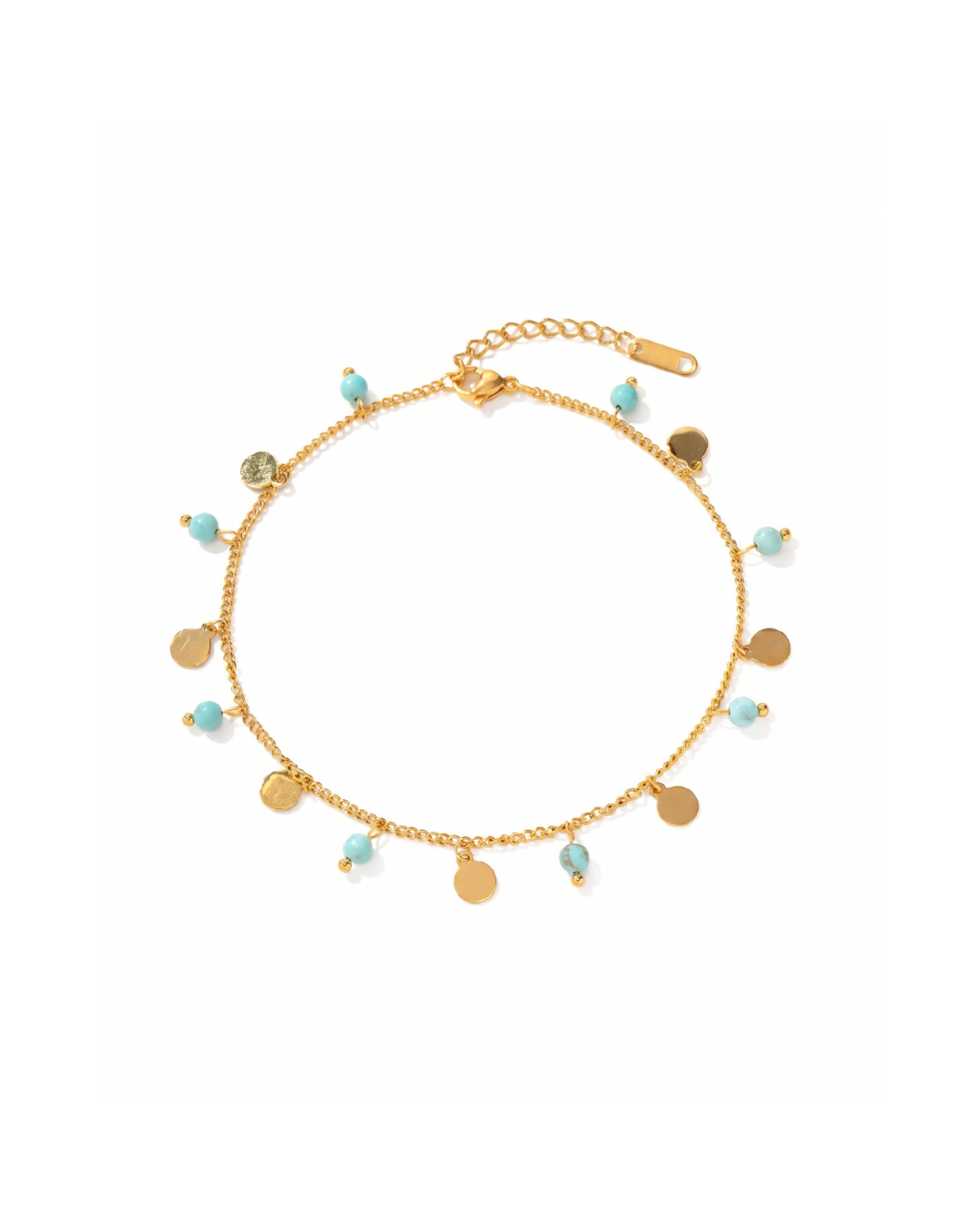 18K gold plated titanium steel chain anklet with turquoise beads and gold coin charms by Clarabelle