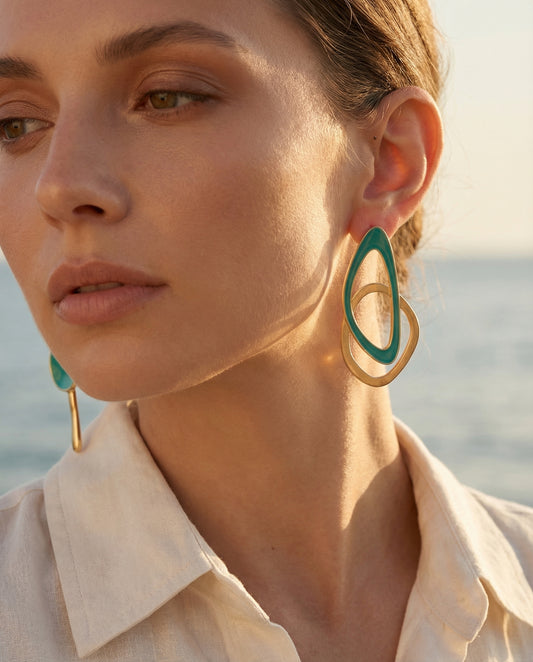 Santorini Asymmetric Statement Earrings by Clarabelle worn by model
