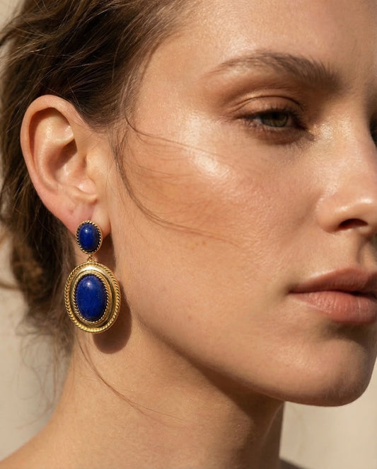 Siena Blue Statement Drop Earrings by Clarabelle worn by model
