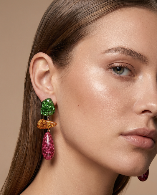 Ocean Pebble Statement Earrings by Clarabelle worn by model