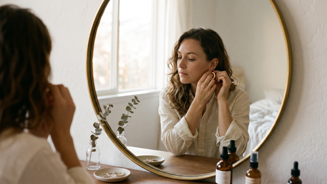 Woman putting on gold earrings in morning light — jewellery self-care ritual and confidence 