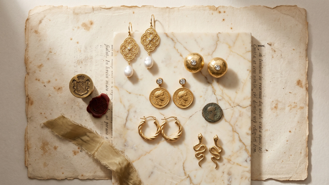 Timeless gold earrings on cream paper — history of women marking milestones 