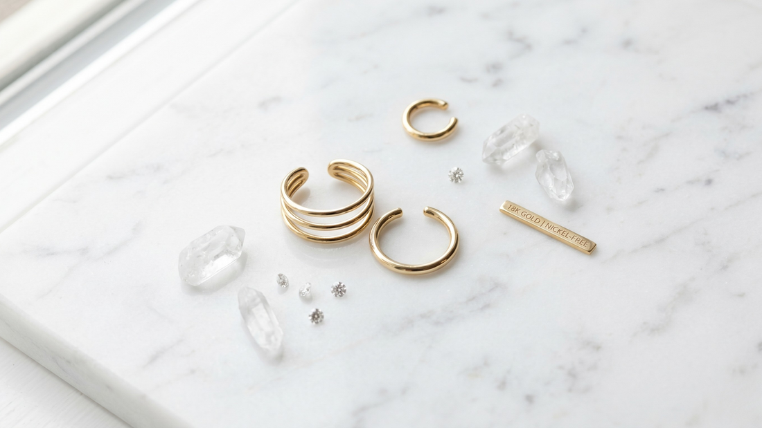 Gold ear cuff on white marble — ear cuffs for sensitive ears nickel free hypoallergenic by Clarabelle