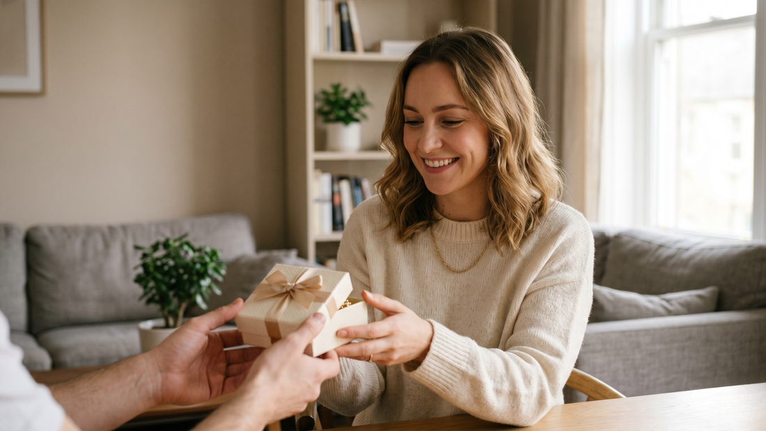 Woman receiving jewellery gift — what to buy a woman who has everything earrings 