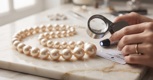 Editorial close-up of pearl necklace being examined on cream marble surface in soft natural light, the subtle surface texture and lustre of genuine pearls is the story, focus on authenticity assessment"