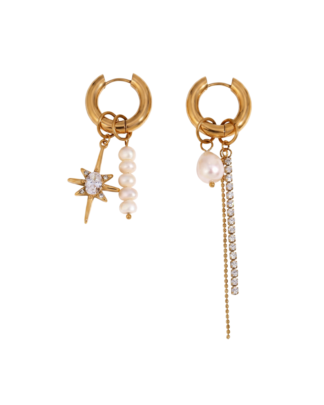 18K gold plated titanium steel asymmetric hoop earrings with freshwater pearl star zircon and crystal chain charms by Clarabelle