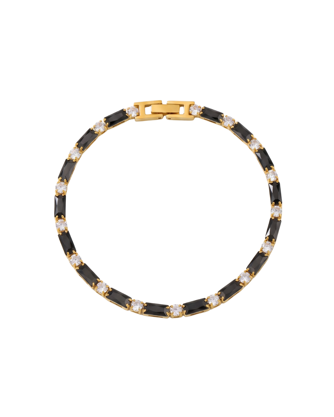 Noor alternating tennis bracelet by Clarabelle, 18k gold plated with black baguette and clear crystal-set stones
