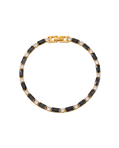 Noor alternating tennis bracelet by Clarabelle, 18k gold plated with black baguette and clear crystal-set stones