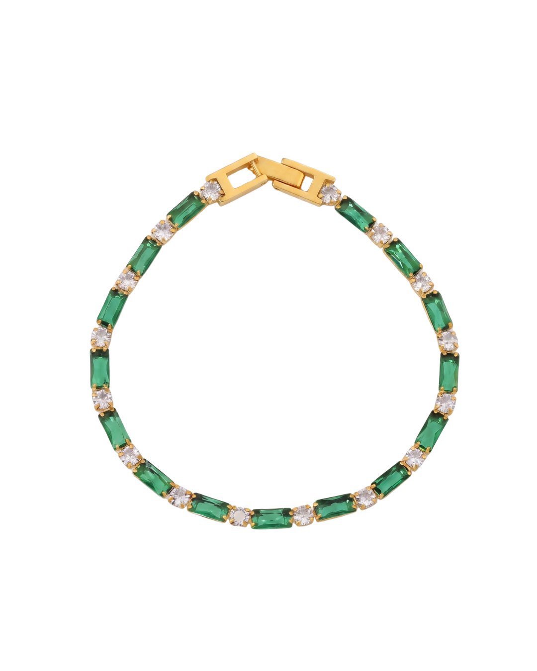  Noor tennis bracelet by Clarabelle, 18k gold plated with green baguette and clear crystal-set stones