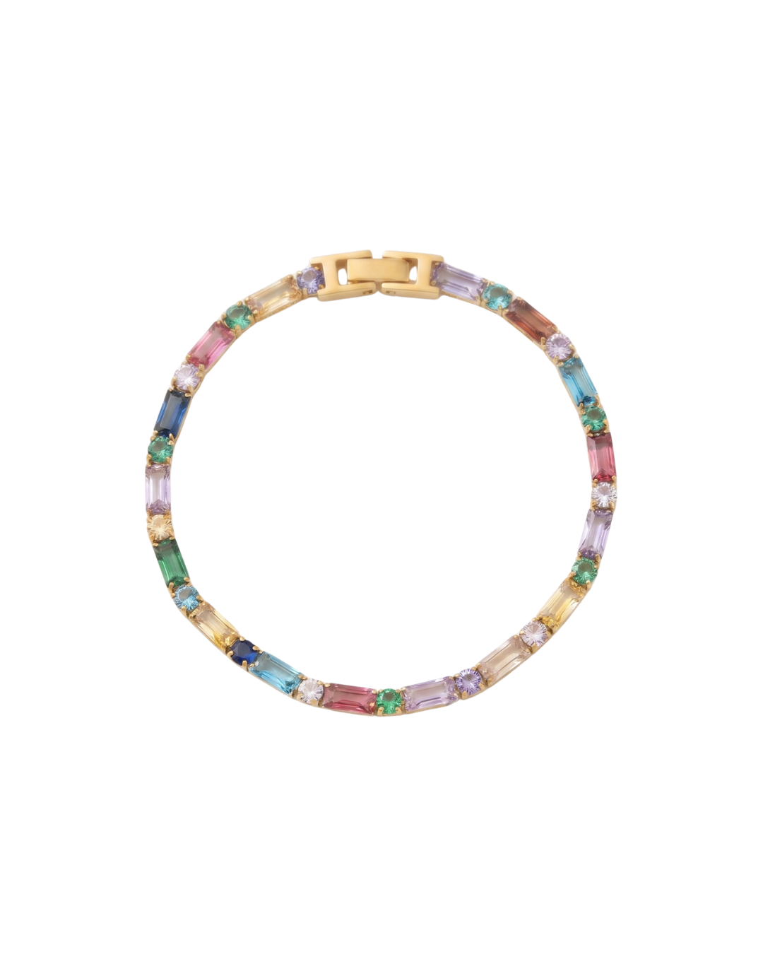 Noor tennis bracelet by Clarabelle, 18k gold plated with multicoloured baguette and clear crystal-set stones
