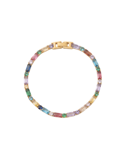 Noor tennis bracelet by Clarabelle, 18k gold plated with multicoloured baguette and clear crystal-set stones