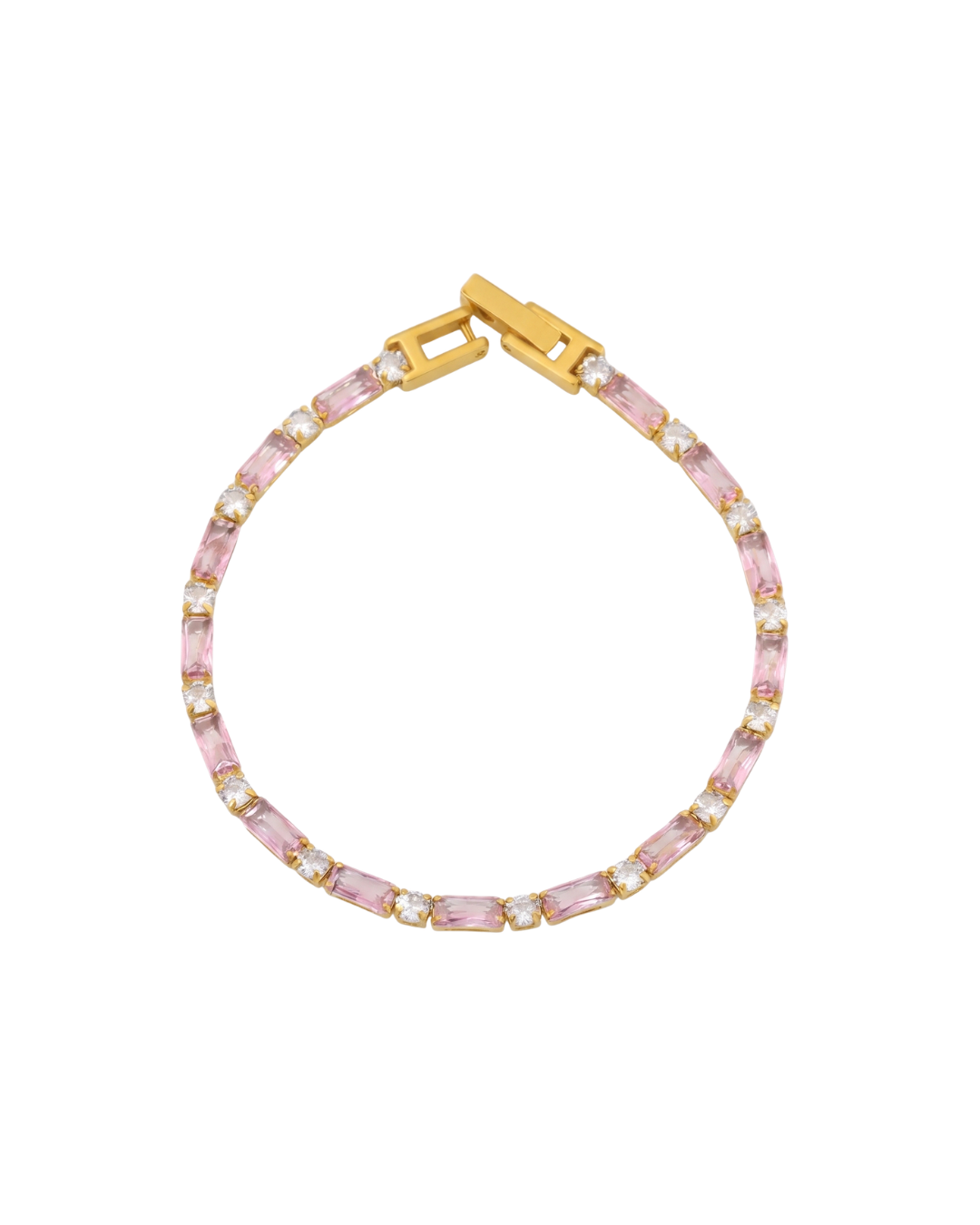 Noor tennis bracelet by Clarabelle, 18k gold plated with pink baguette and clear crystal-set stones