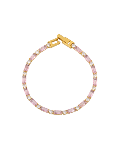 Noor tennis bracelet by Clarabelle, 18k gold plated with pink baguette and clear crystal-set stones