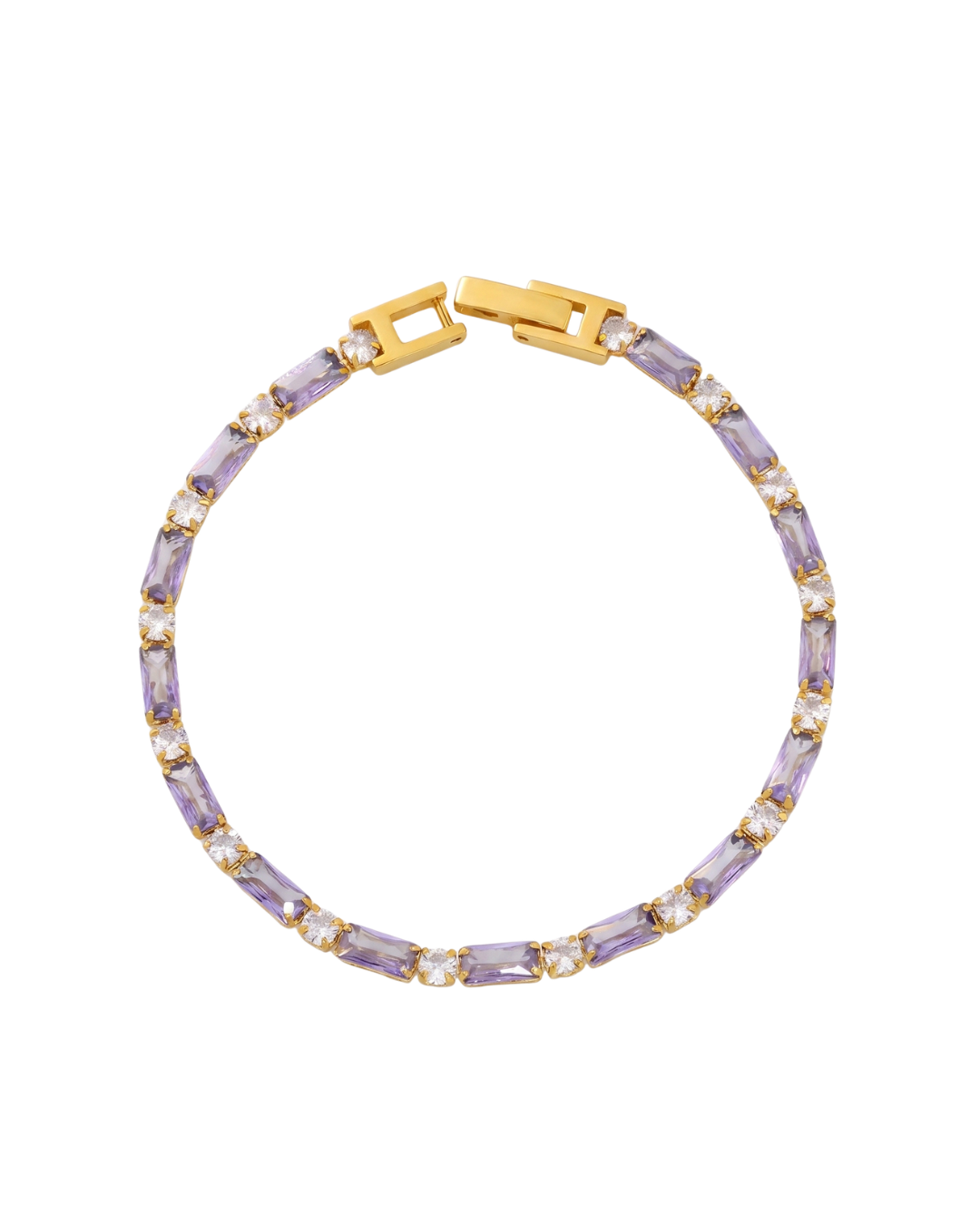 Noor tennis bracelet by Clarabelle, 18k gold plated with purple baguette and clear crystal-set stones