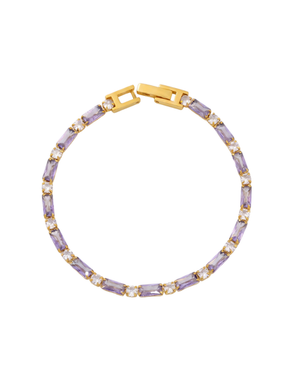 Noor tennis bracelet by Clarabelle, 18k gold plated with purple baguette and clear crystal-set stones