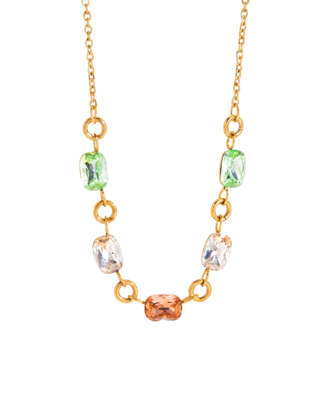  Alba emerald-cut statement necklace by Clarabelle, PVD gold finish with green, clear and peach crystal-set stones