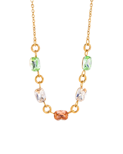  Alba emerald-cut statement necklace by Clarabelle, PVD gold finish with green, clear and peach crystal-set stones