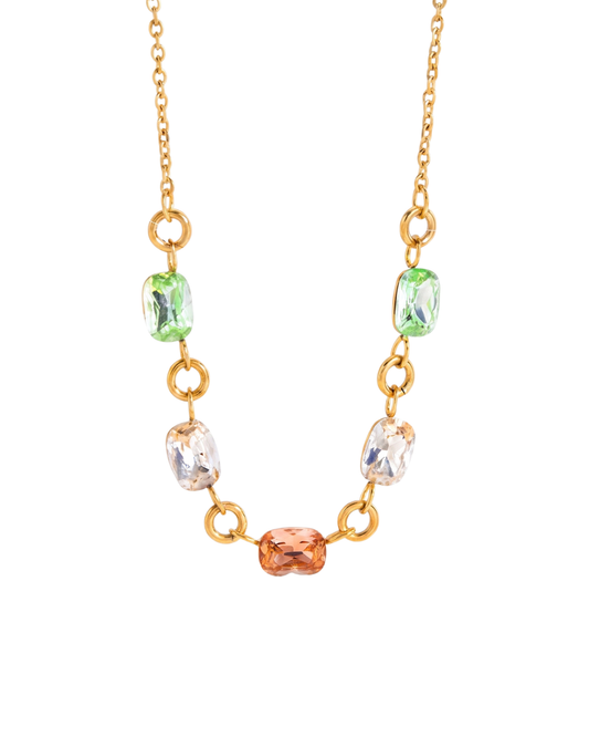  Alba emerald-cut statement necklace by Clarabelle, PVD gold finish with green, clear and peach crystal-set stones