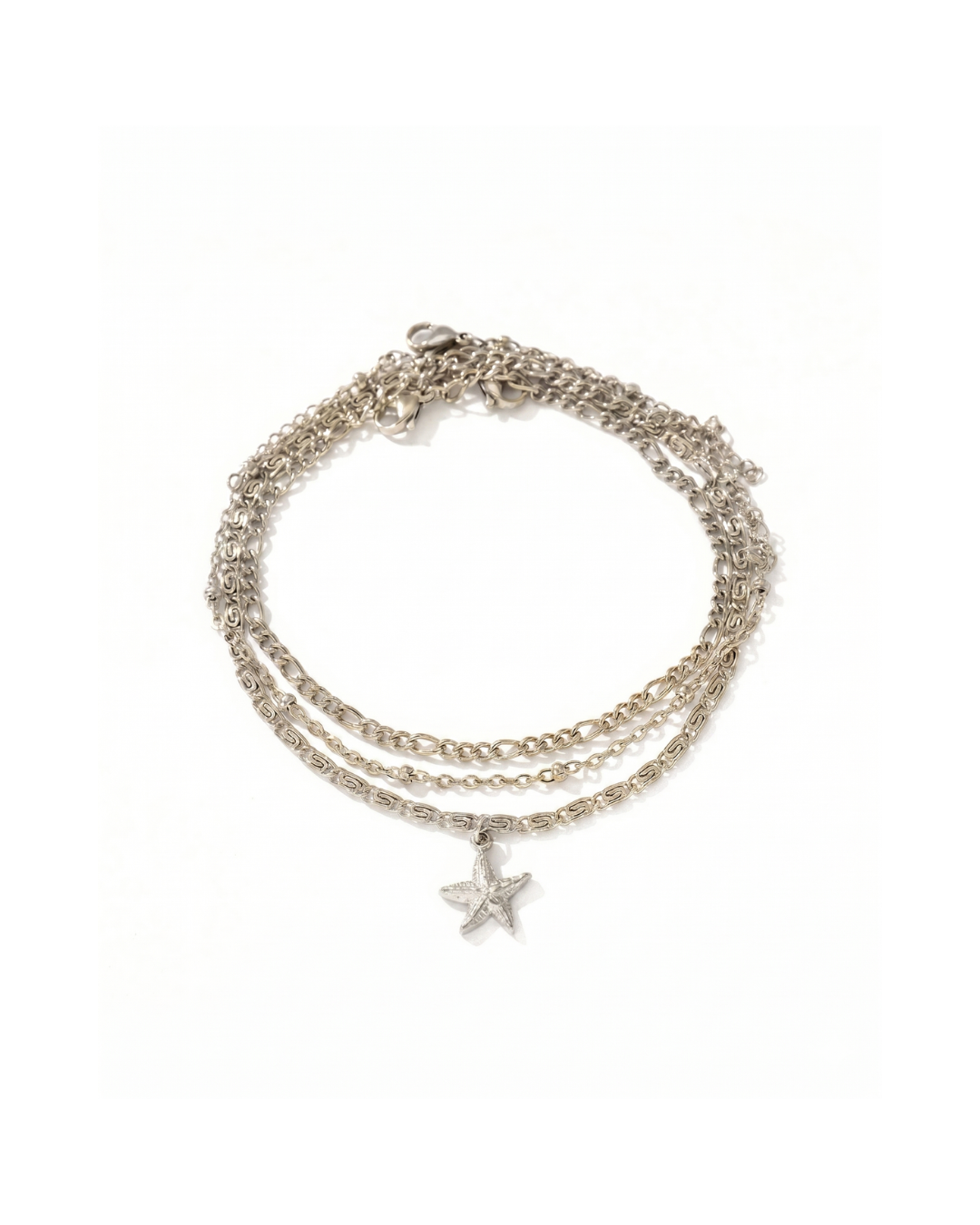 Silver stainless steel triple layer chain anklet with starfish charm by Clarabelle