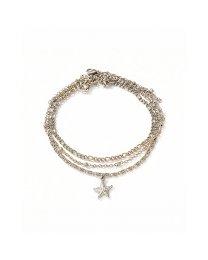 Silver stainless steel triple layer chain anklet with starfish charm by Clarabelle