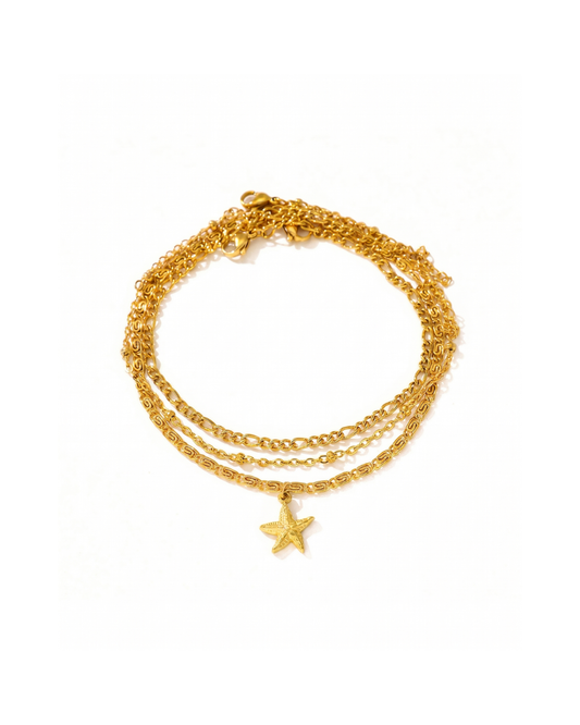 Gold stainless steel triple layer chain anklet with starfish charm by Clarabelle