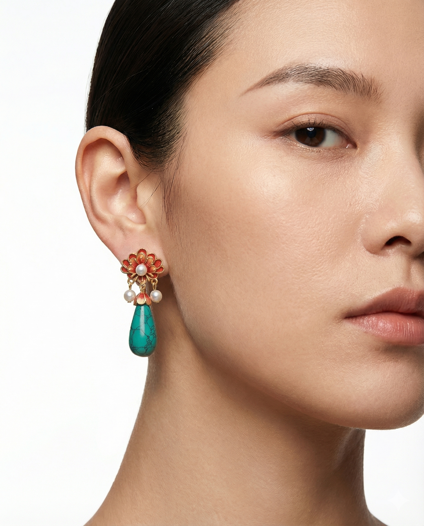 Amora Drop Earrings on ear