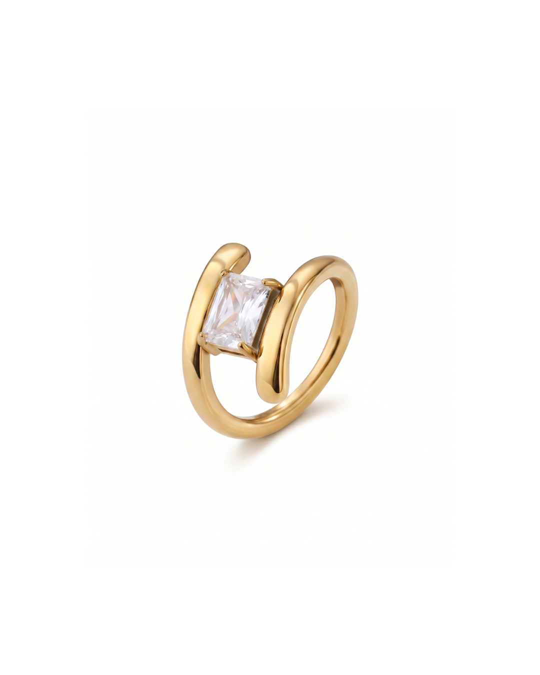 Astrid architectural ring by Clarabelle, gold finish with square crystal-set stone between double band