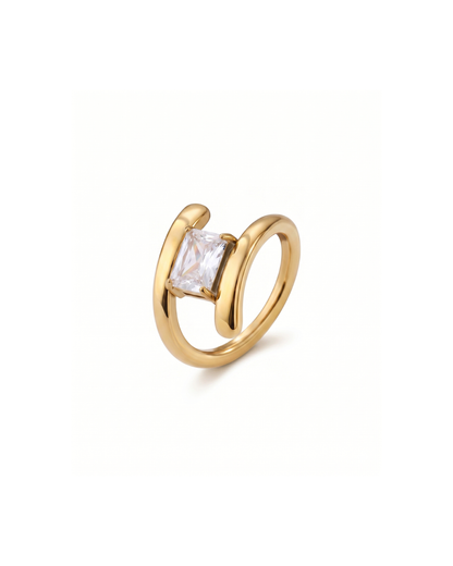 Astrid architectural ring by Clarabelle, gold finish with square crystal-set stone between double band