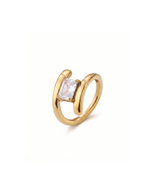 Astrid architectural ring by Clarabelle, gold finish with square crystal-set stone between double band