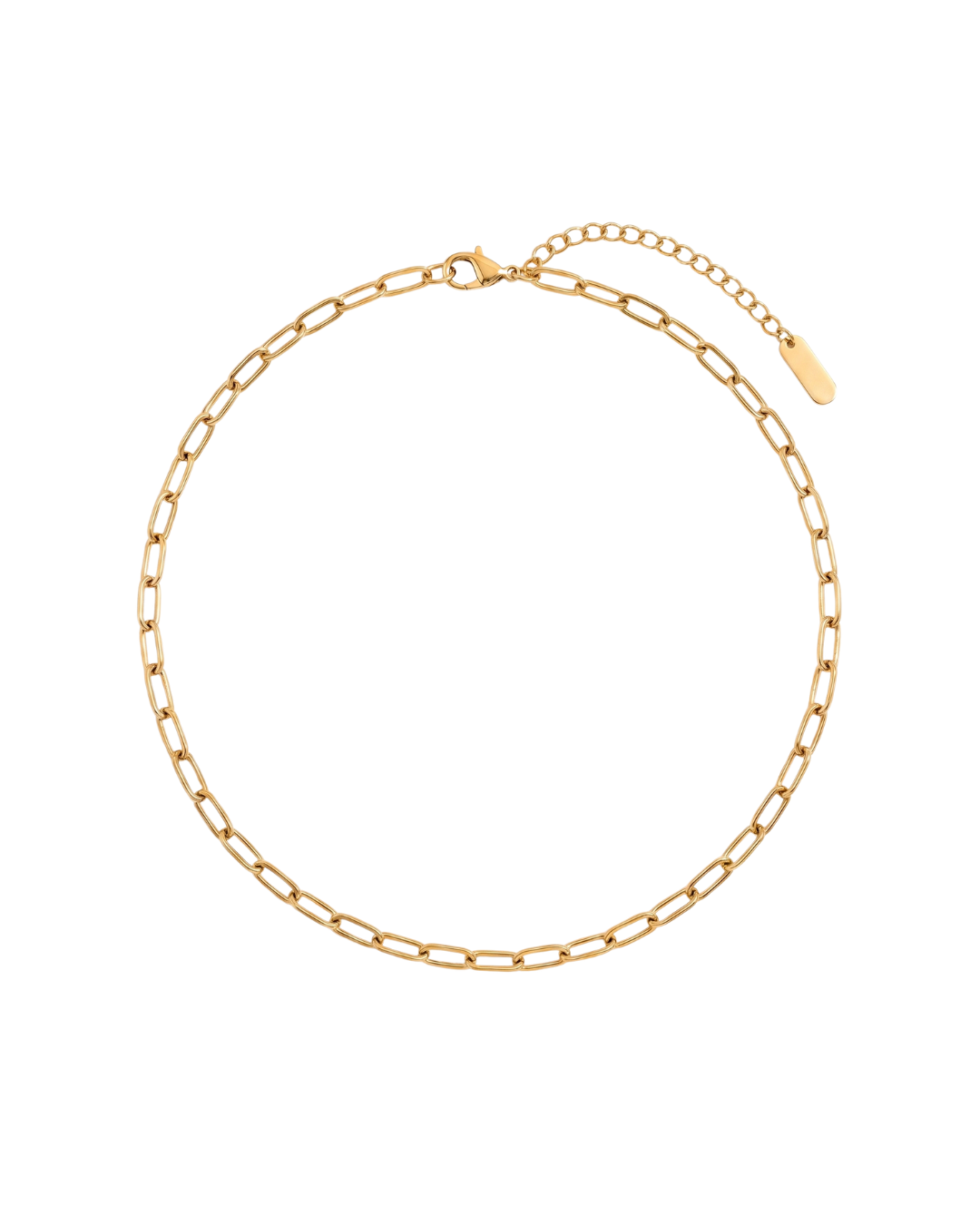 Gold PVD stainless steel paperclip chain necklace with lobster clasp, displayed on white background — Bilbao Necklace by Clarabelle