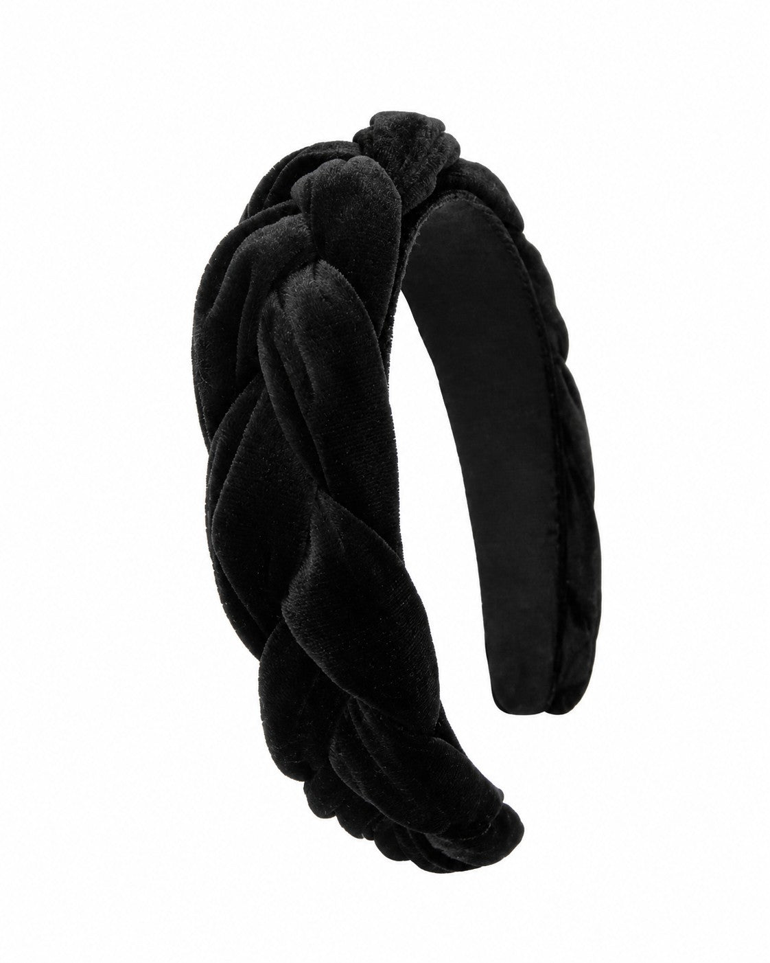Blair padded headband in braided black velvet, laid flat on neutral background