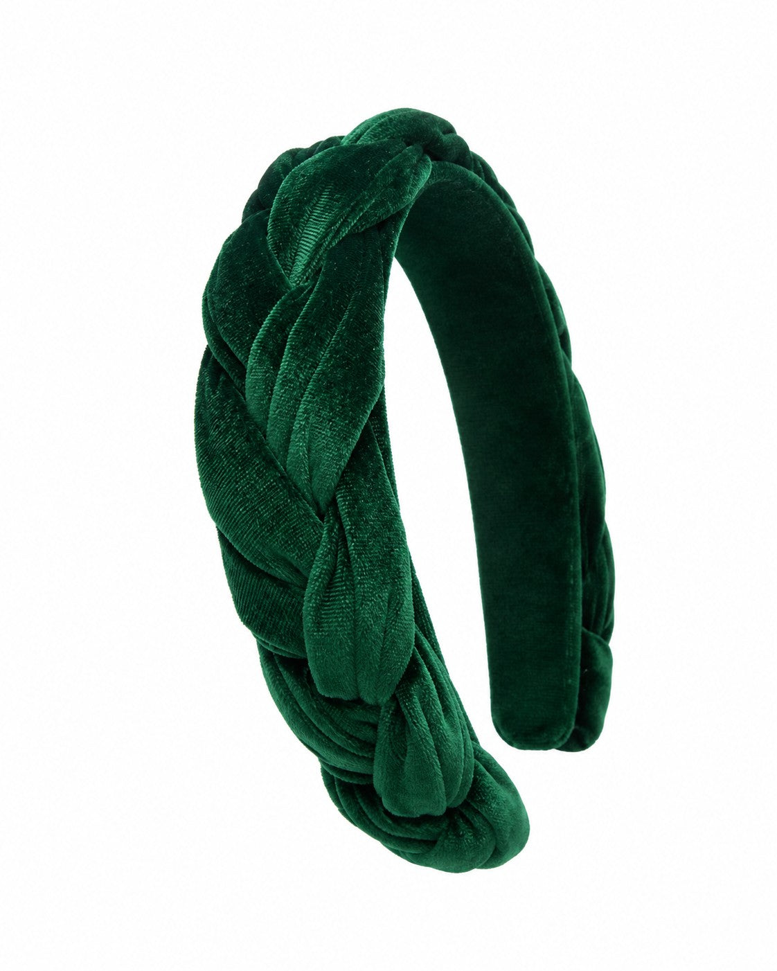 Blair padded headband in braided dark green forest velvet, laid flat on neutral background