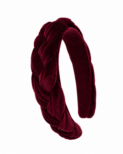 Blair padded headband in braided wine velvet, laid flat on neutral background