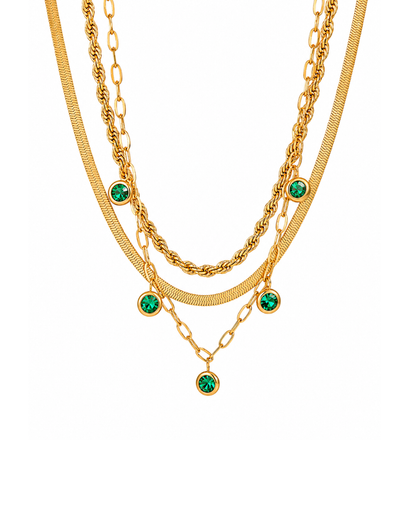 Gold electroplated stainless steel triple layer necklace with emerald green zircon charms by Clarabelle