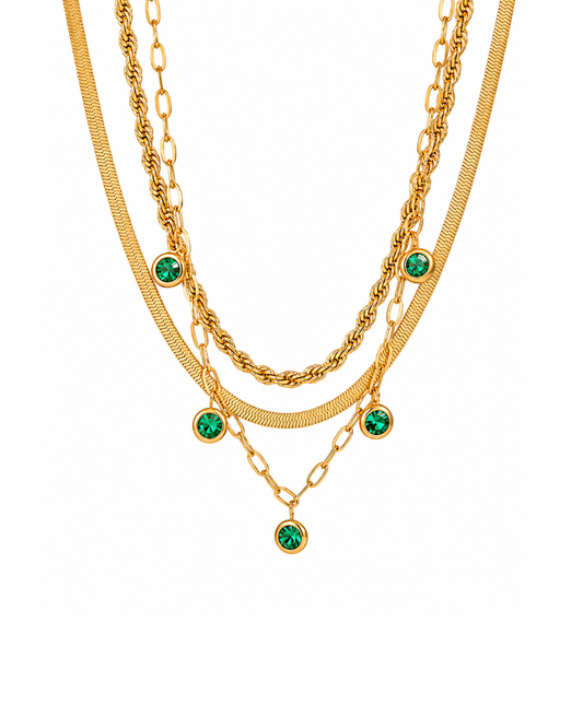 Gold electroplated stainless steel triple layer necklace with emerald green zircon charms by Clarabelle