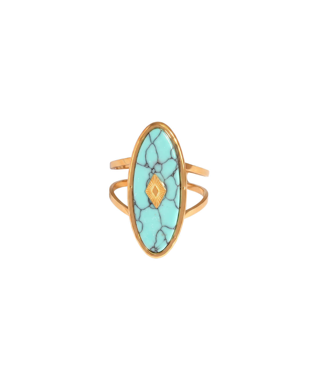 Calypso elongated turquoise ring by Clarabelle, PVD gold finish with central rhombus detail