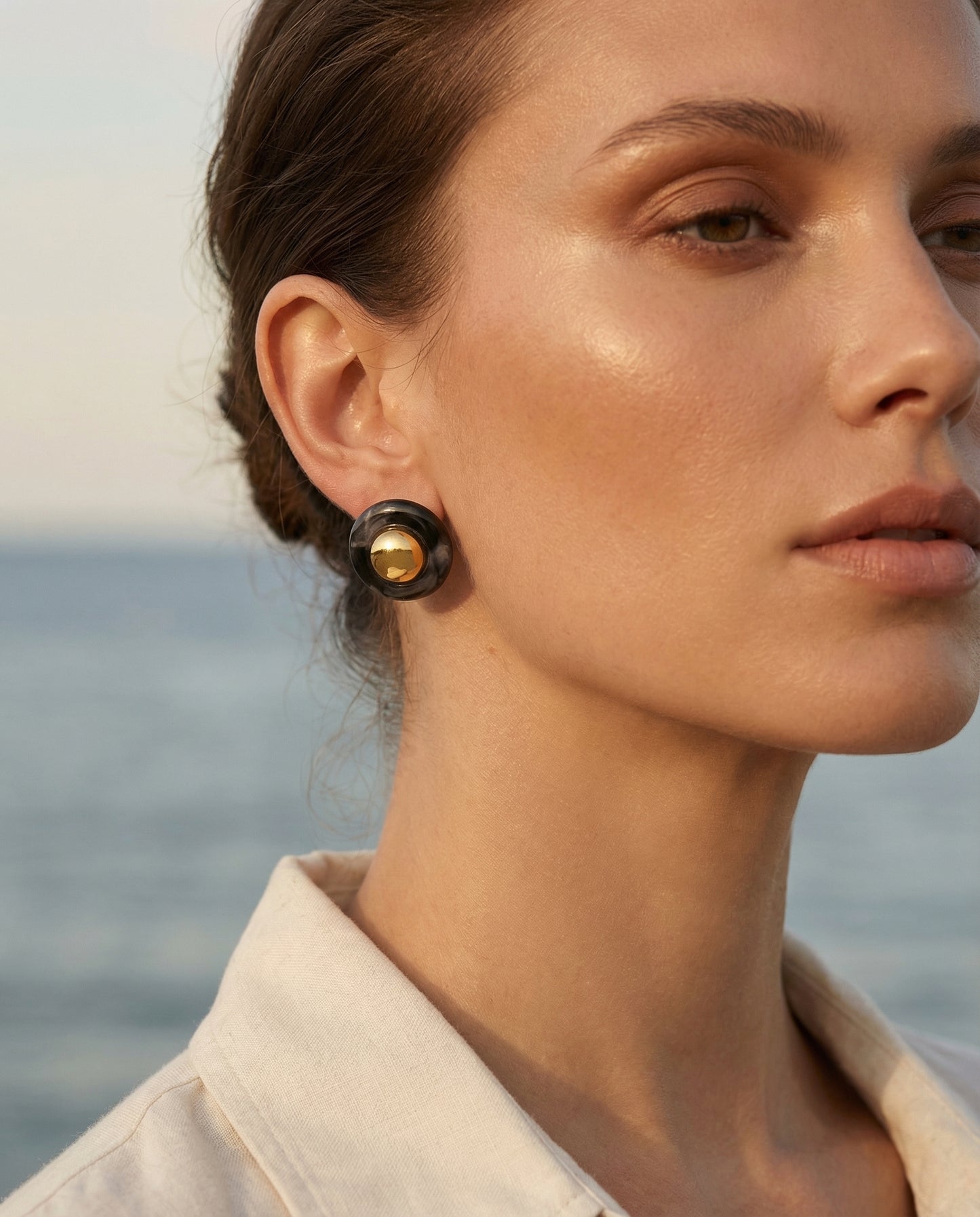 Cannes Amber Stud Earrings Clarabelle worn by model