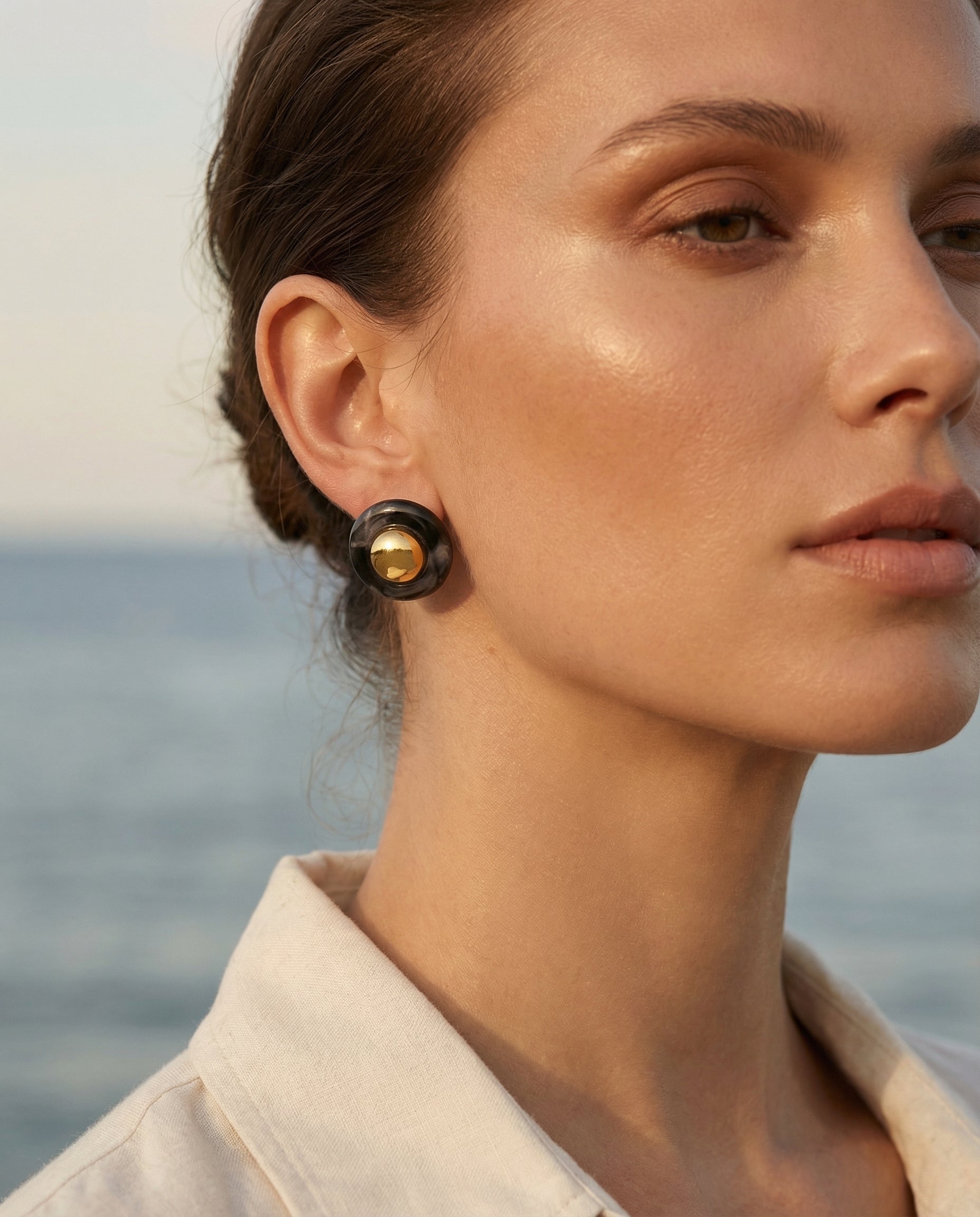Cannes Amber Stud Earrings Clarabelle worn by model