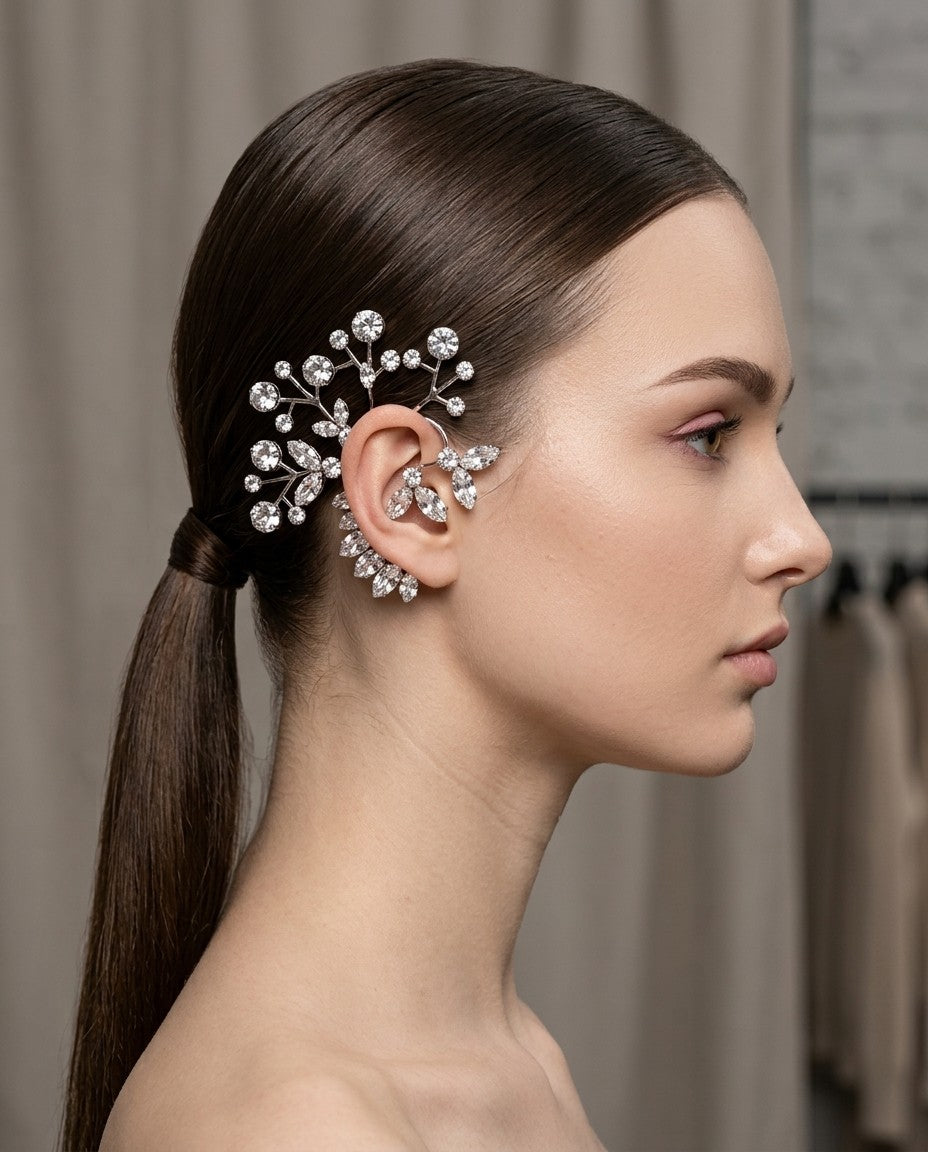 Celestine sculptural crystal ear cuff in silver-tone with scattered round stones and marquise-cut leaves, laid flat on neutral background