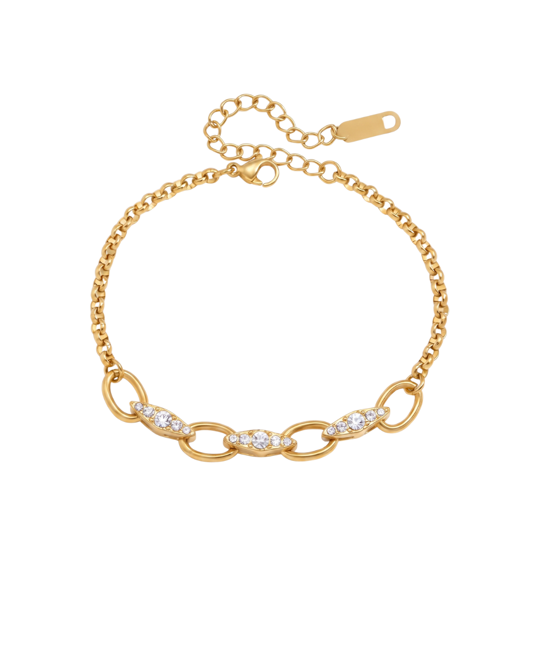 Chiara chain bracelet by Clarabelle, gold finish with three crystal-set pavé stations