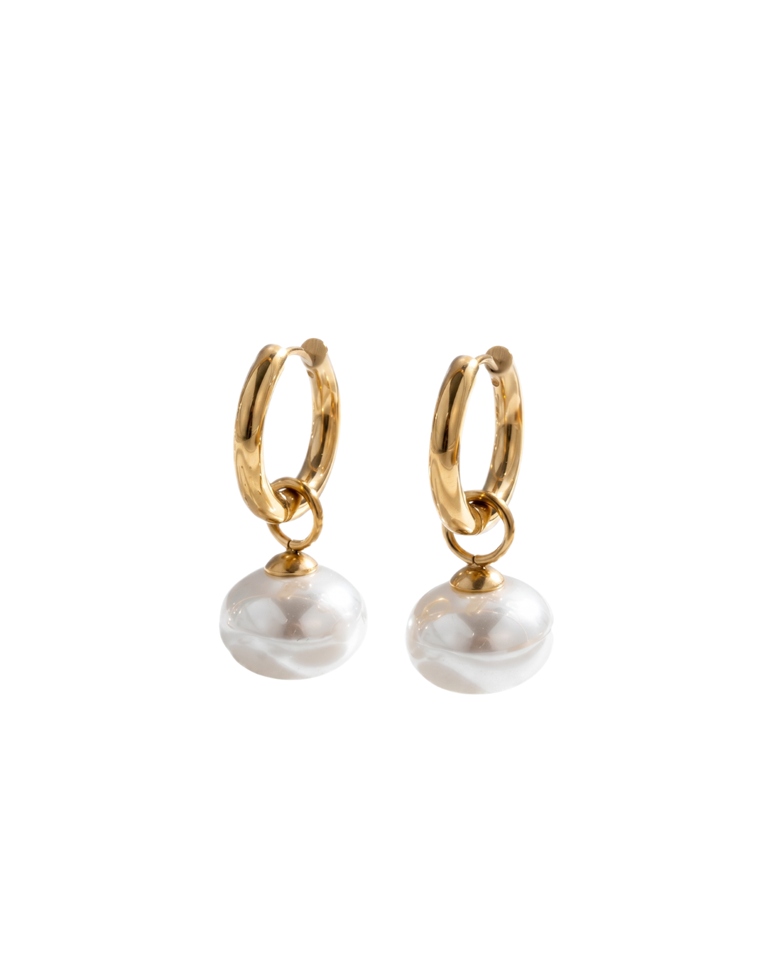 Clare pearl huggie hoop earrings by Clarabelle, gold finish with pearl-effect drops