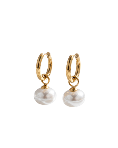 Clare pearl huggie hoop earrings by Clarabelle, gold finish with pearl-effect drops