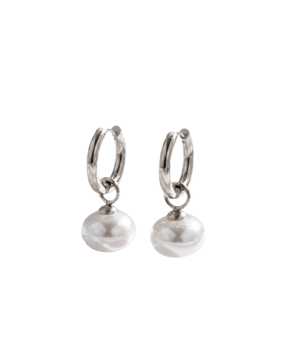 Clare pearl huggie hoop earrings by Clarabelle, silver finish with pearl-effect drops