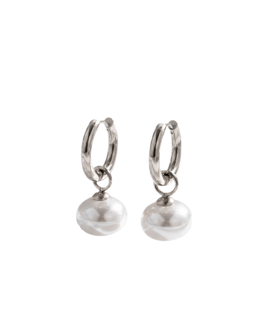 Clare pearl huggie hoop earrings by Clarabelle, silver finish with pearl-effect drops