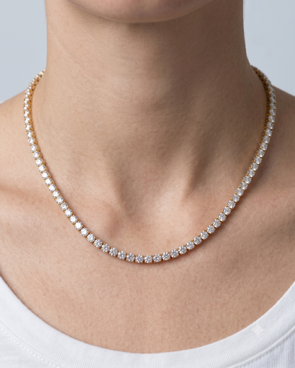 Close-up of stones: Close-up of Margaux tennis necklace, 3mm AAA zircon stones in claw-set 18k gold plated settings